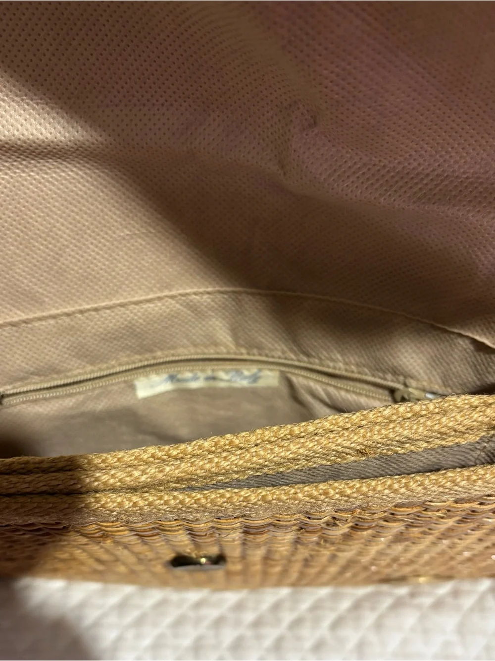 Castelli Vintage Glossy Woven Wicker Clutch in Warm Tan with Oval Metal Accent